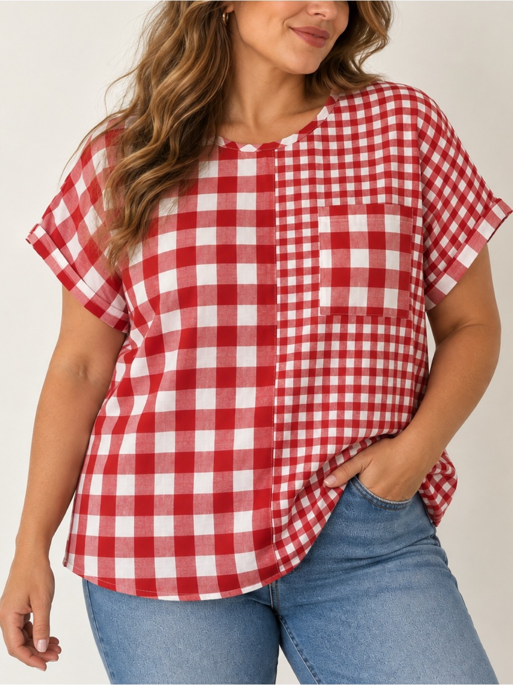 Plus Size Red Gingham Split-Pattern Short Sleeve Top